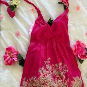 Vibrant Pink Midi Dress with Floral Hem and Silky Finish